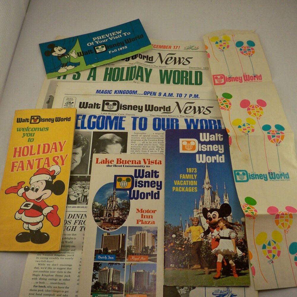 Disney World Brochure, Guide, flyer, Newspapers, Bag 1973 Vintage *Ephemera